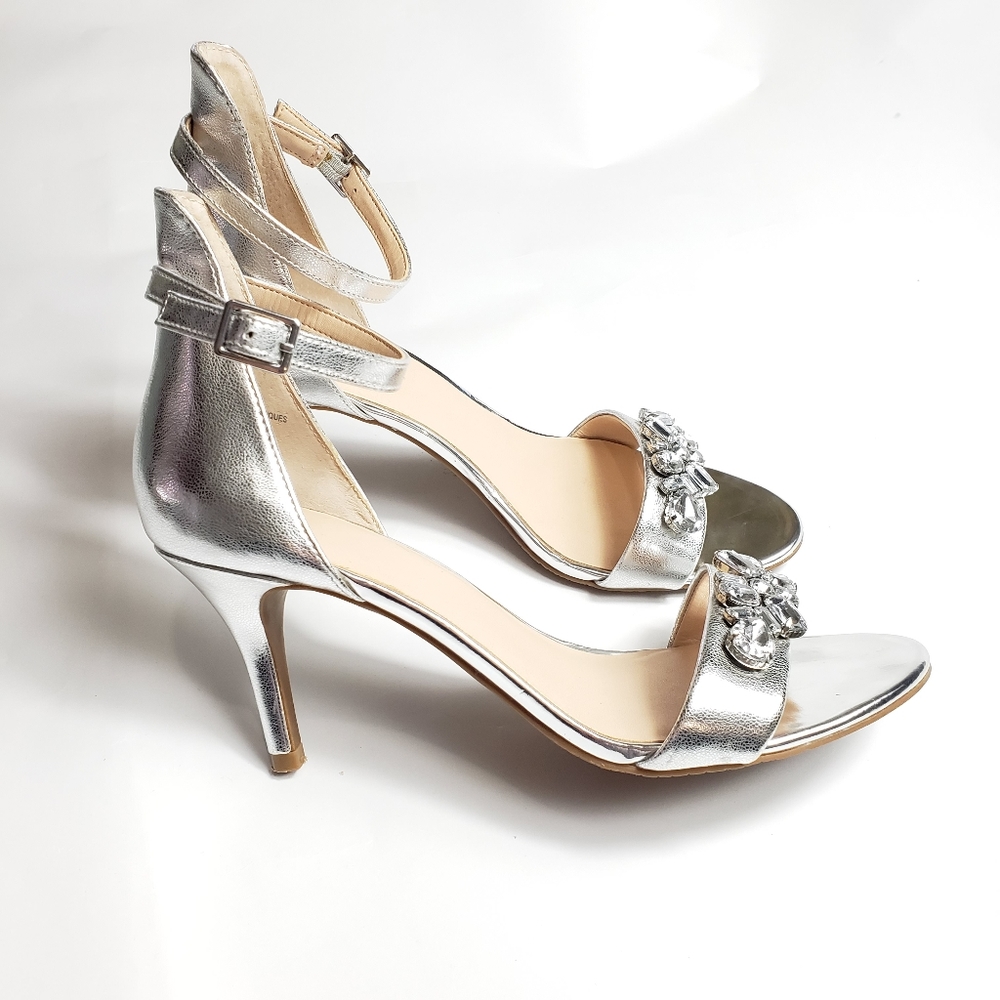 BP Silver peeptoe low heel with rhinestones